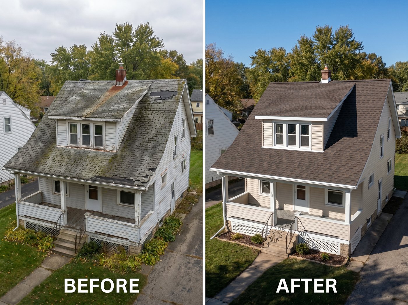 Complete home restoration — roof, siding, and porch