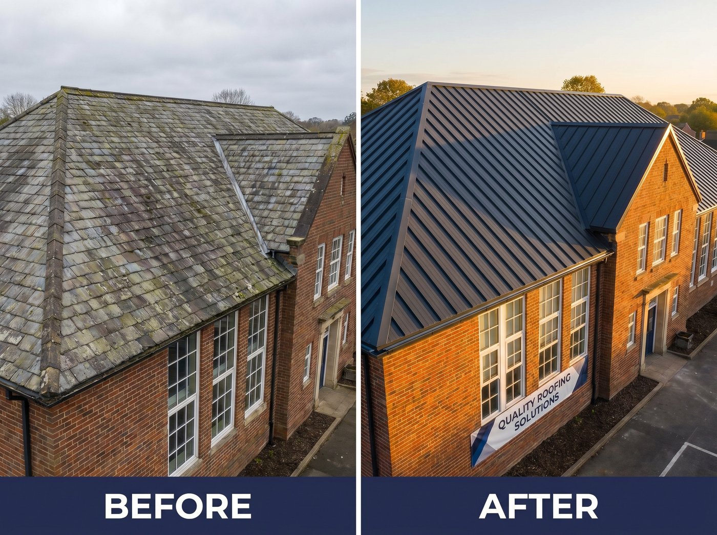 Deteriorated roof shingles and siding before repair