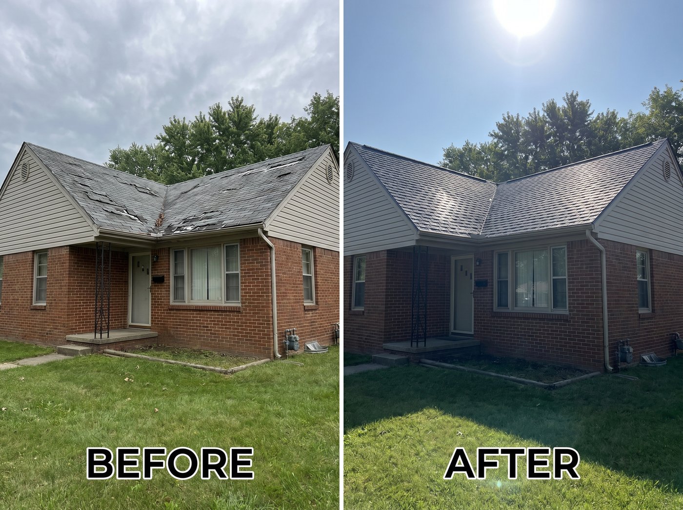 Restored home exterior with new roof and siding